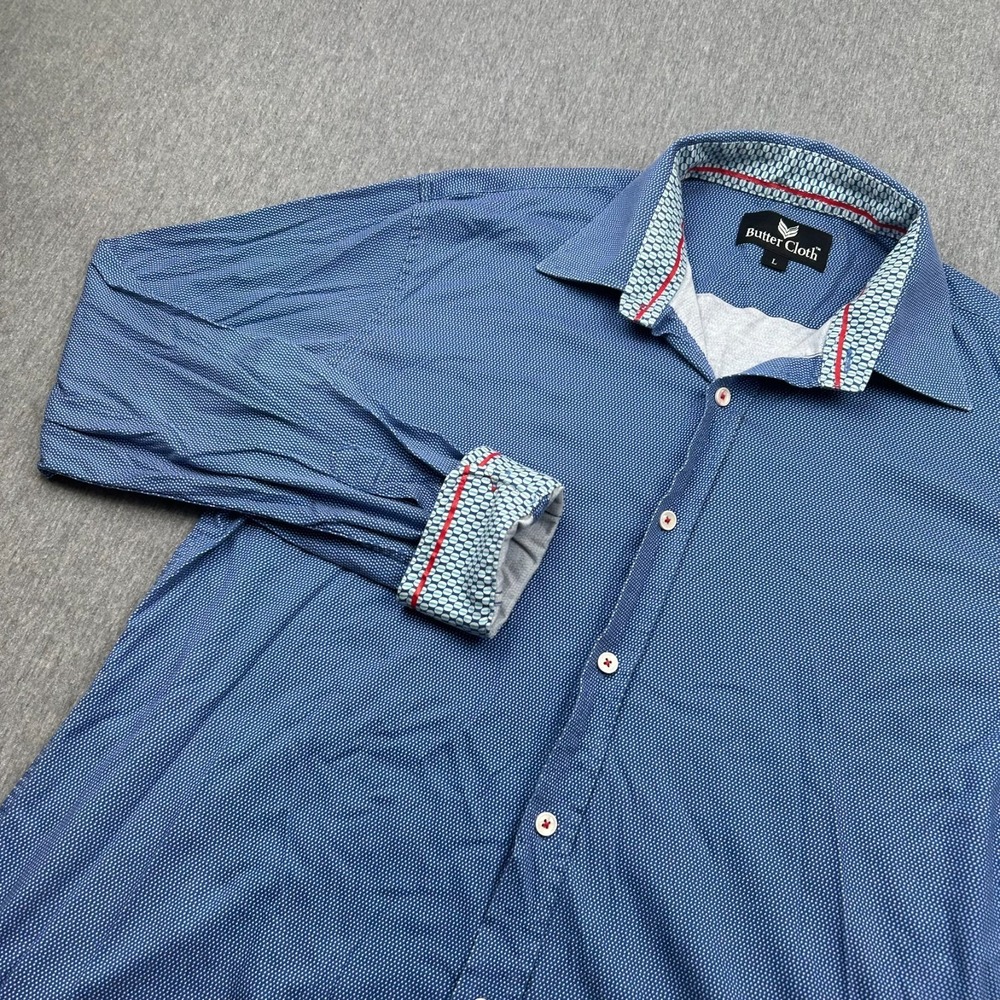 Butter Cloth Long Sleeve Button Up Shirt Mens Large Flip Cuff Blue